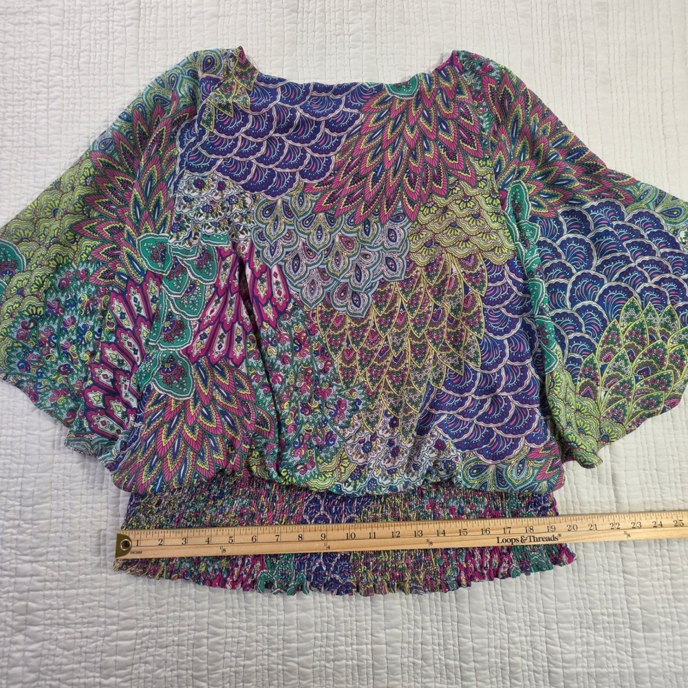 Chaus Womens Peacock Paisley Smocked Hem Flutter Sleeve Blouse Pink Purple XL - Picture 10 of 13